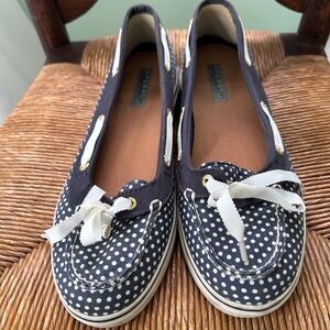 Sperry Top-Sider Boat Shoes Navy Blue‎ White Polka Dot Ribbon Lace Up
